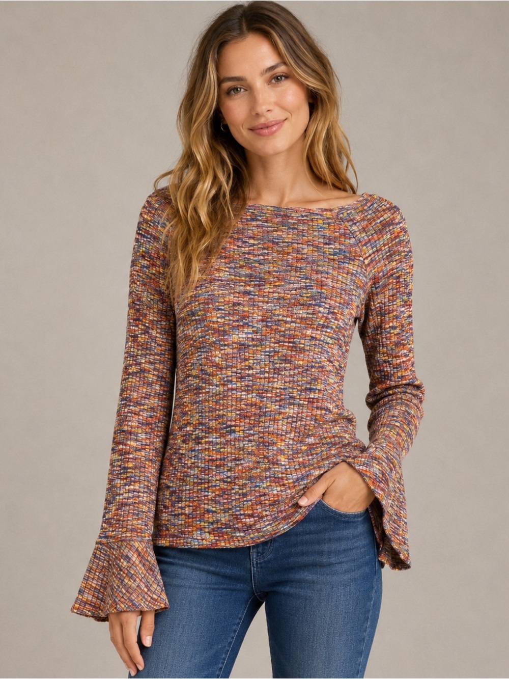 Akemi + Kin Anthropologie Ribbed Bell Sleeve Knit Top Women’s M Multicolor